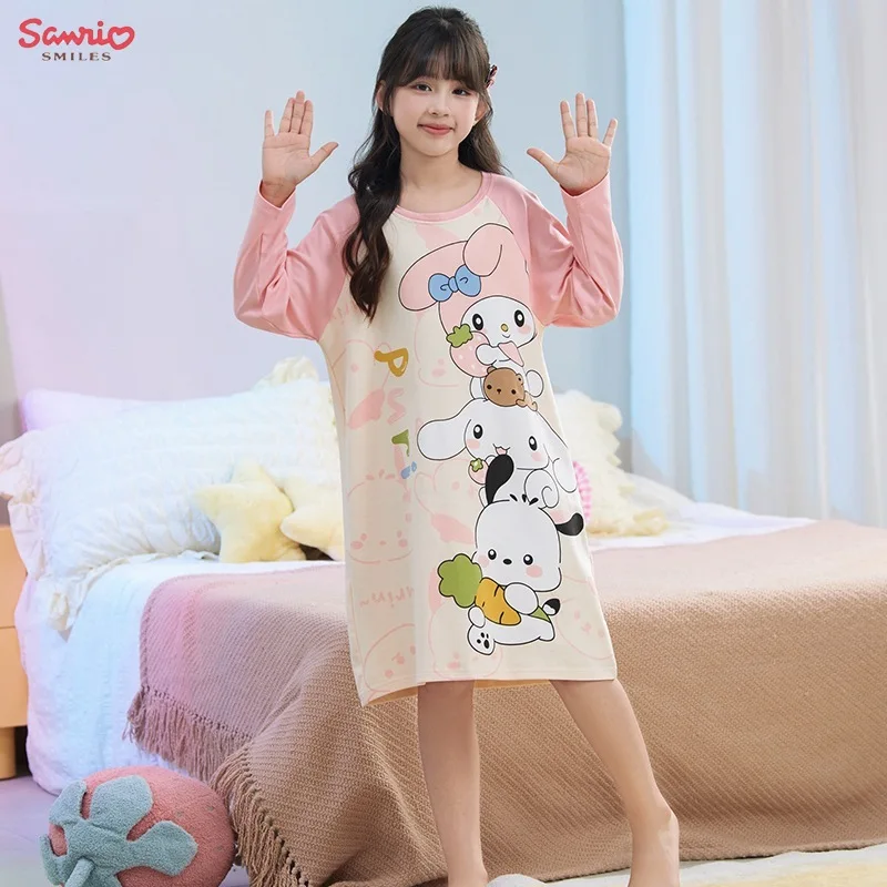 

Sanrio Hello Kitty Kuromi Children's Pajamas Dress Pochacco My Melody Anime Cartoon House Clothing Long Sleeved Cute Skirt Girls