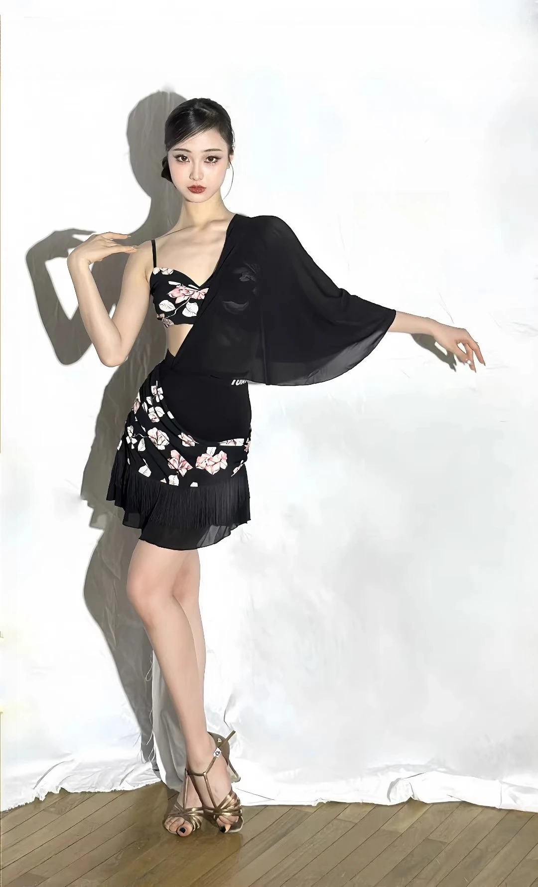 UK Latin Dance Dress Pink Floral Spaghetti Strap Top with Mesh Fringe Skirt for Audition Performance