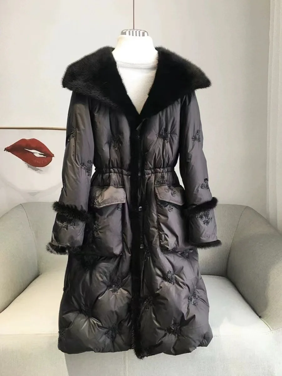 2024 Winter New High End Mink Fur Goose Down Snow Parka Jacket Women\'s Mid Long Coat Fashionable Slim Fit Fur Jacket