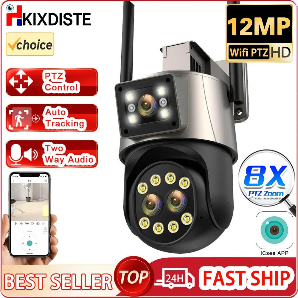 

12MP 6K WiFi IP Camera 8X Zoom Three Lens Outdoor PTZ Security Camera Auto Tracking 4K Video Surveillance Security Protection