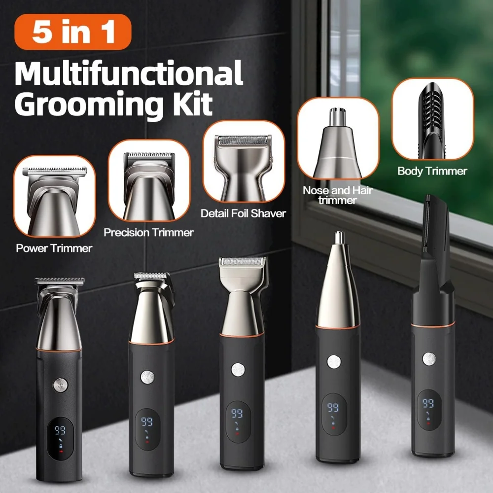 Cortadora de Pelo Eléctrica Profesional 5 en 1, Kit de Aseo Masculino, Totalmente Lavable, Pantalla LED, Máquina de Cortar Pelo y Afeitar