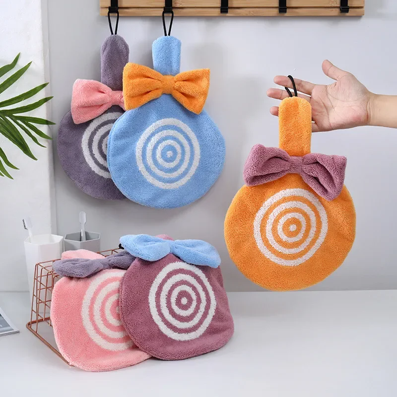 

1Pc Cartoon Lollipop Shape Bow Coral Velvet Hanging Kitchen Bathroom Washcloth Quick Dry Children Baby Soft Hand Towel