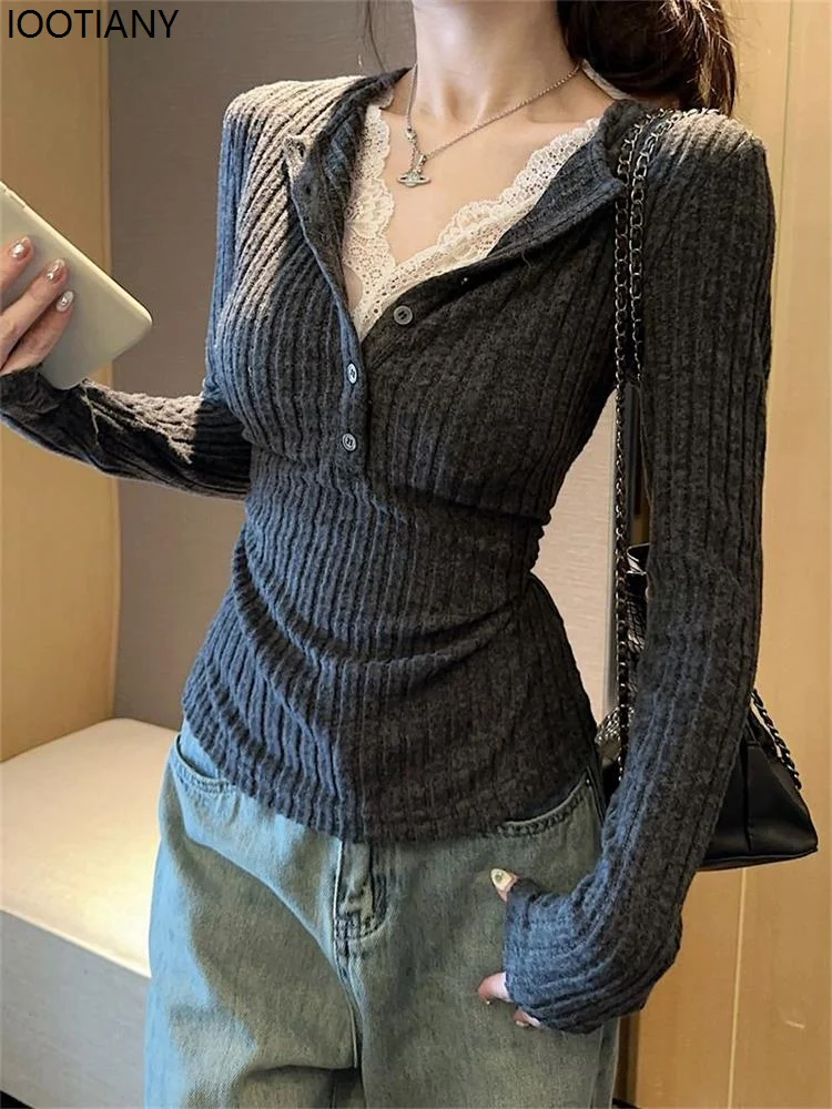 เสื้อยืดแขนยาวผู้หญิง แต่งผ้าลูกไม้ ดีไซน์เก๋ไก๋ สไตล์วินเทจ คอวี ทรงเข้ารูป ผ้าถัก รุ่นปี 2026