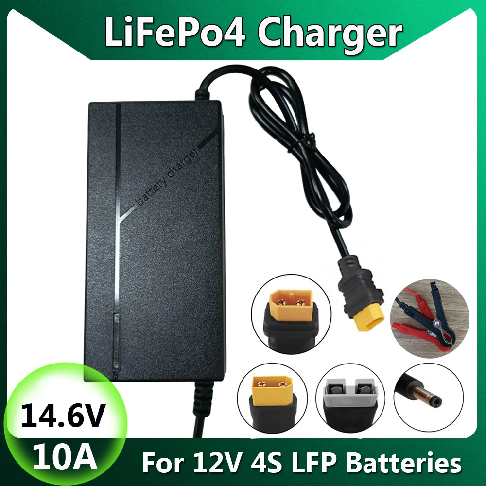 Ładowarka Lifepo4 12V 4S 14.6V 10A z krokodylkami/XT60/XT90 do ładowania akumulatorów LFP, do pakietów baterii litowo-żelazowych 12.8V