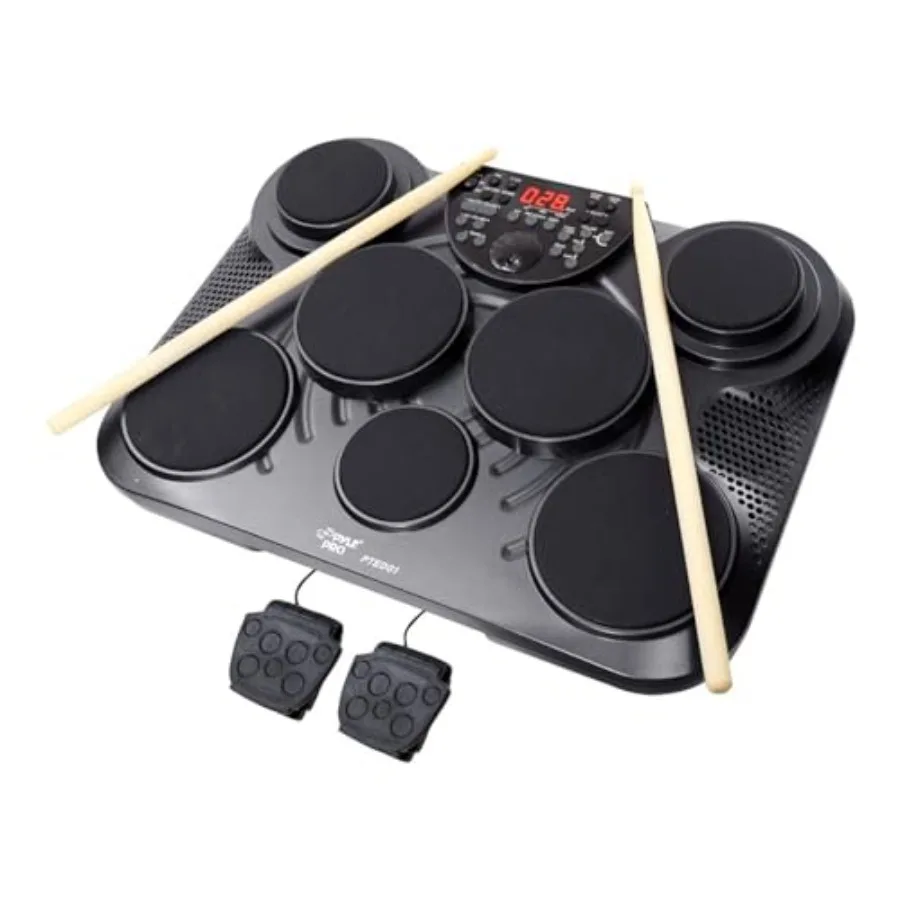 

Электронный настольный цифровой барабанный набор, компактный портативный комплект с 8 сенсорными пэдами и педалями, 600 звуков, USB и аудиовыход.