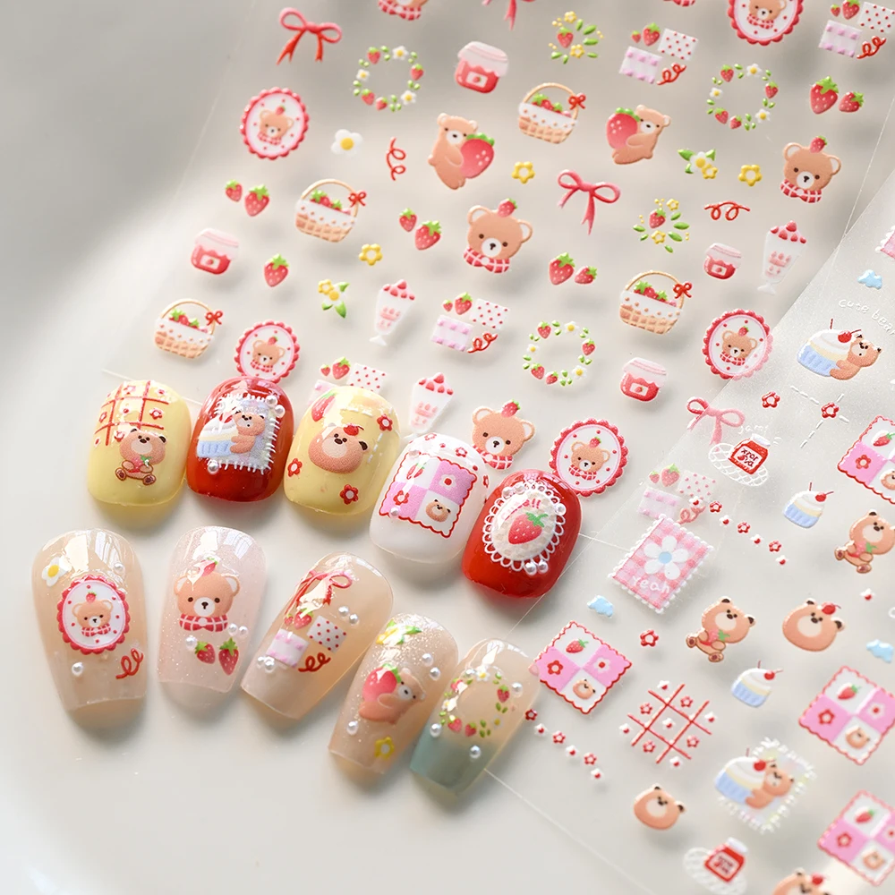 5D 귀여운 곰돌이 리본 네일 스티커 사랑스러운 딸기 머핀 크림 케이크 엠보싱 네일 데칼 리스 일본 네일 슬라이더 장식