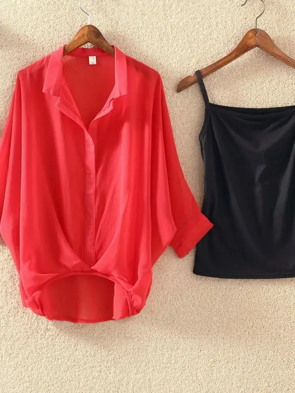 เสื้อชีฟองทรงหลวมแบบแขนค้างคาวสำหรับฤดูร้อน ช่วยให้ดูผอมเพรียว แฟชั่นสำหรับผู้หญิง คอปกเล็ก ความยาวปกติ ทรงเข้ารูป