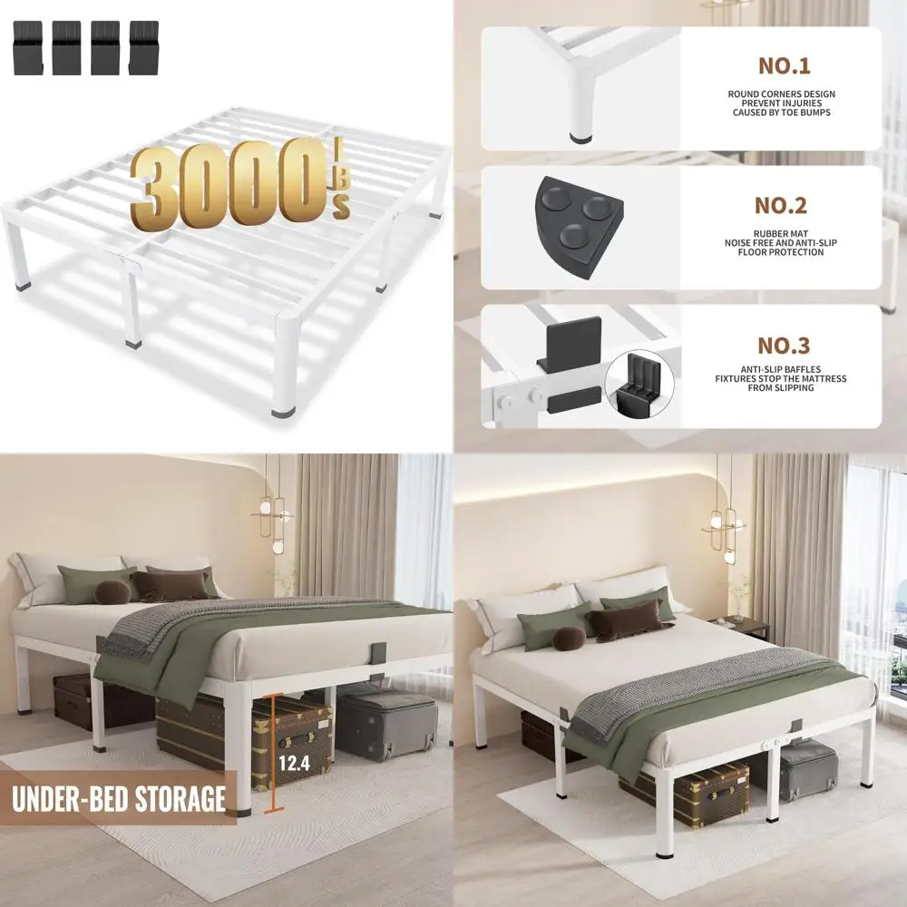 14 Inch King Size Metal Platform Bed Frame in White with Rounded Corner Legs, Supporting Up to 3000 LBS, Heavy Duty Steel Slats,