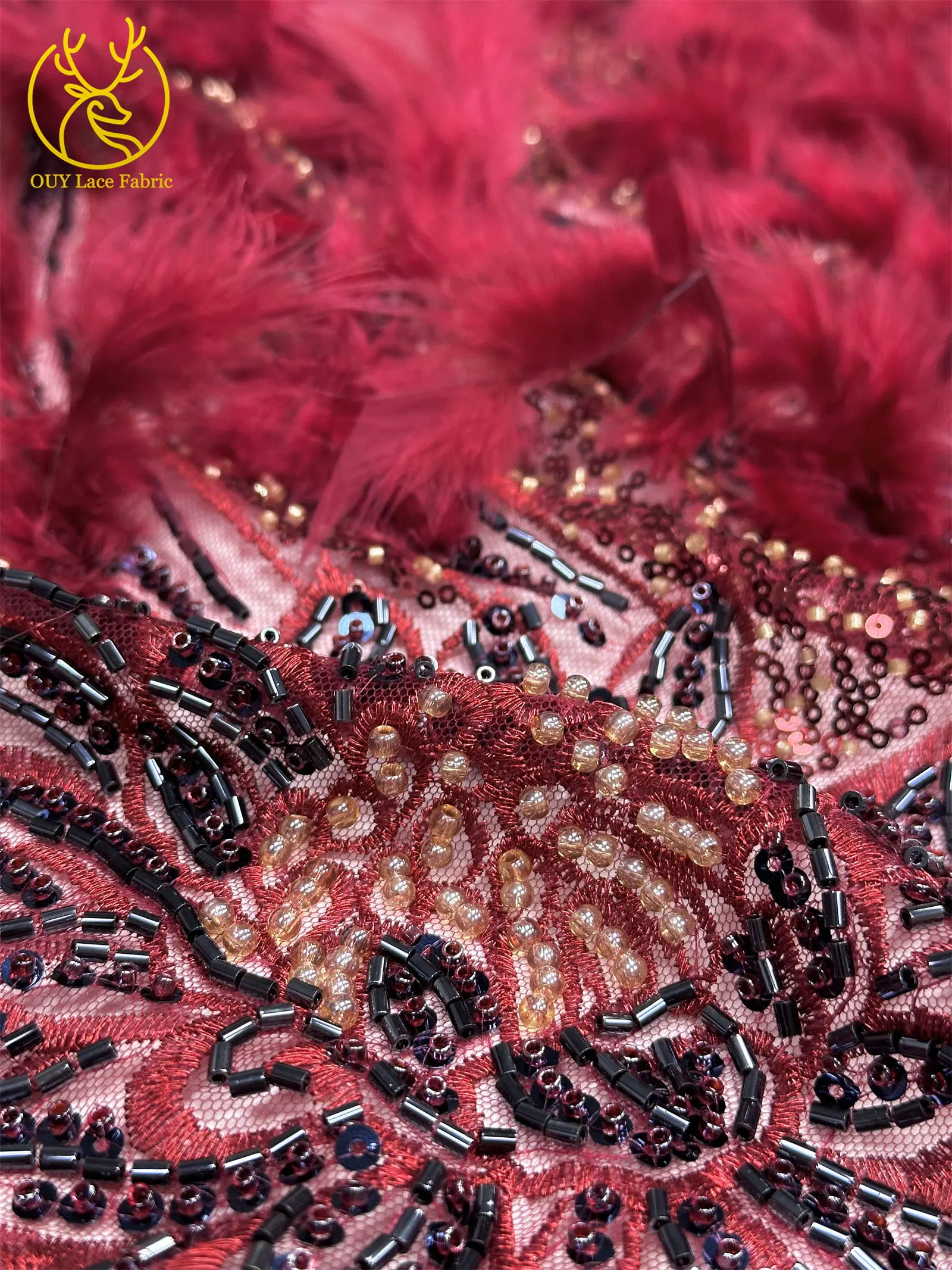 3D High-End Luxus Feder-Stickerei Perlenbesetzter Afrikanischer Spitzenstoff 2026 Nigerianische Französische Pailletten-Spitze für Hochzeitskleider zum Nähen – Detail 7