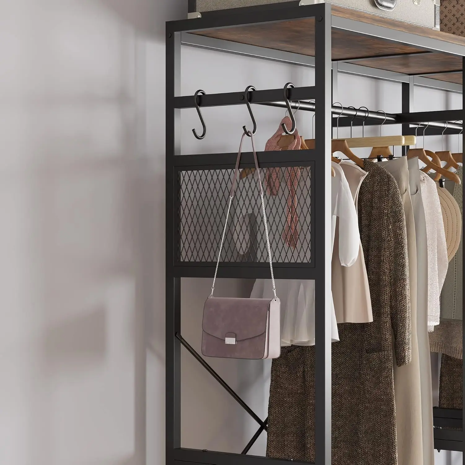 Karl Home อิสระ Closet Organizer 4 ลิ้นชักผ้า,Heavy Duty ราวแขวนเสื้อผ้าไม้แขวนแท่ง,ฟรี