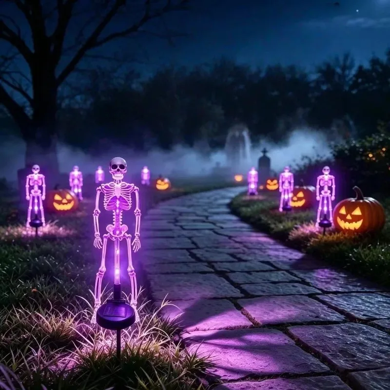 1-2PCS Solar Skull Stake Lights Waterproof Outdoor Halloween Garden Yard Pathway Spooky Decor with Button Control
