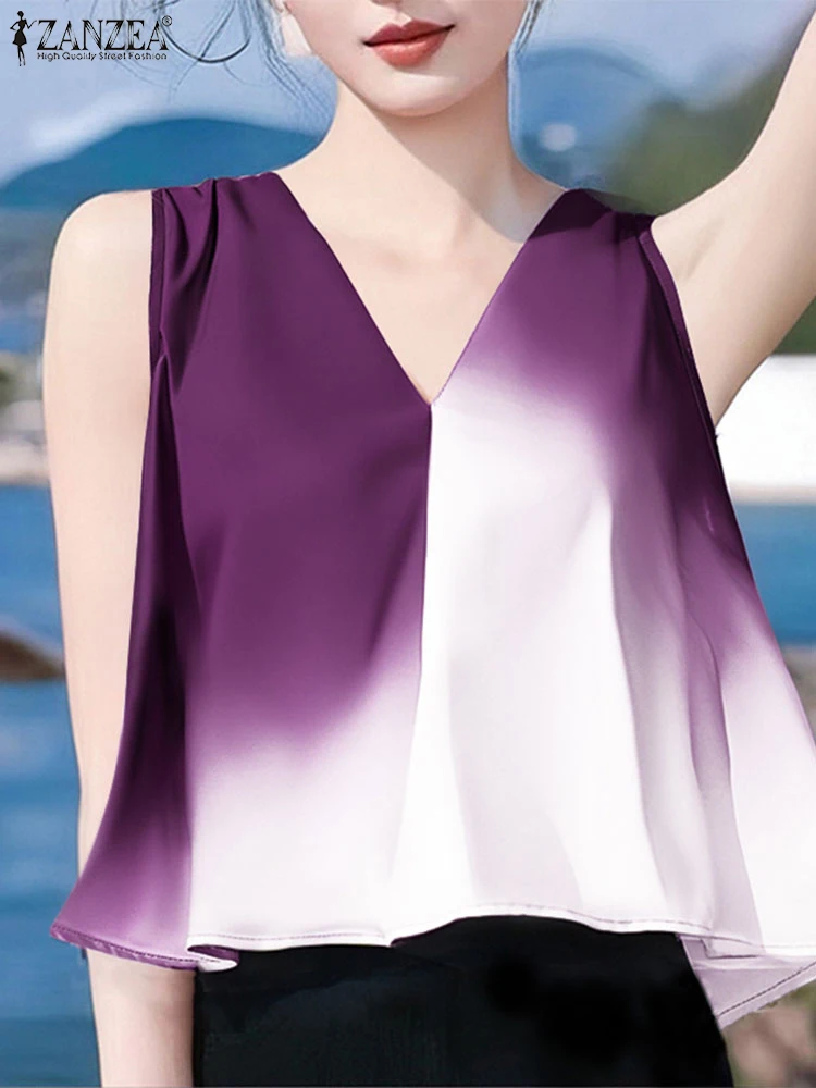 

ZANZEA Fashion Women Tank Tops 2025 Summer Contrast Color V-Neck Casual Sexy Tees Sleeveless Elegant Office Lady Tunic Shirts