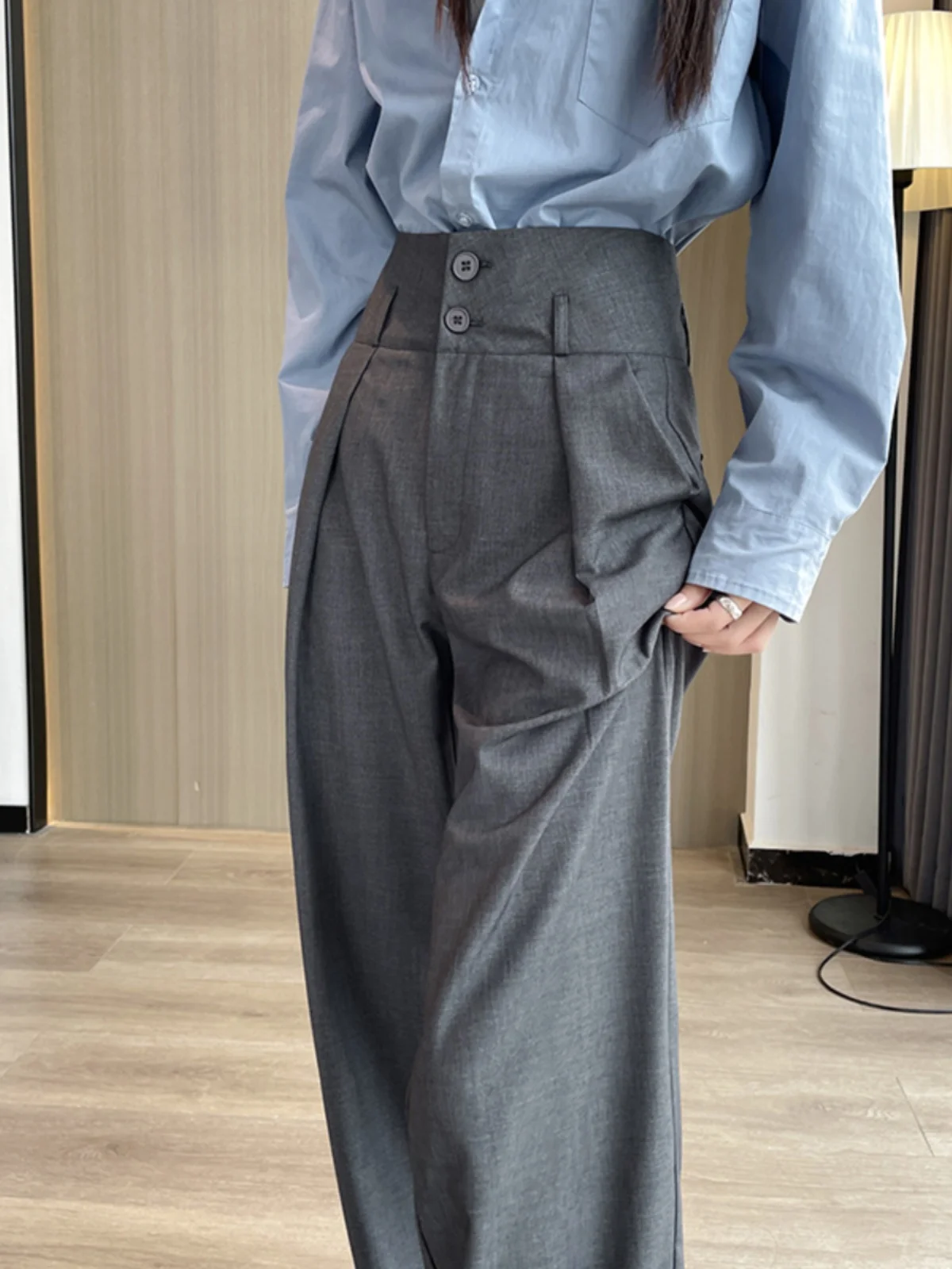 

Grey Straight Leg Suit Pants Women's High Waist Slimming Casual Trousers Drapey Pressed Wide Leg Pants Spring Autumn