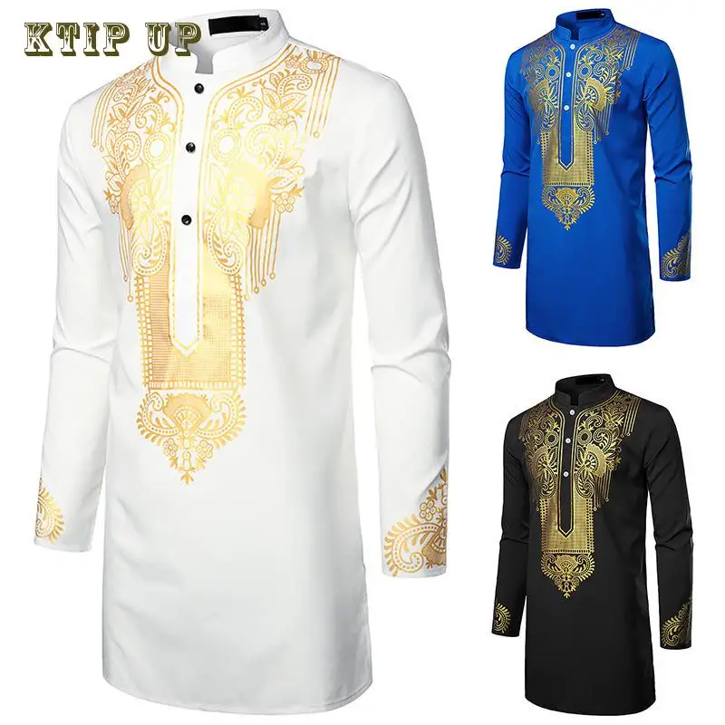 Men\'s Islamic Arabic Abaya Robe Ethnic Print Stand Collar Youth Mid-length Shirt Luxury Coat Casual Fashion Muslim Men Clothing