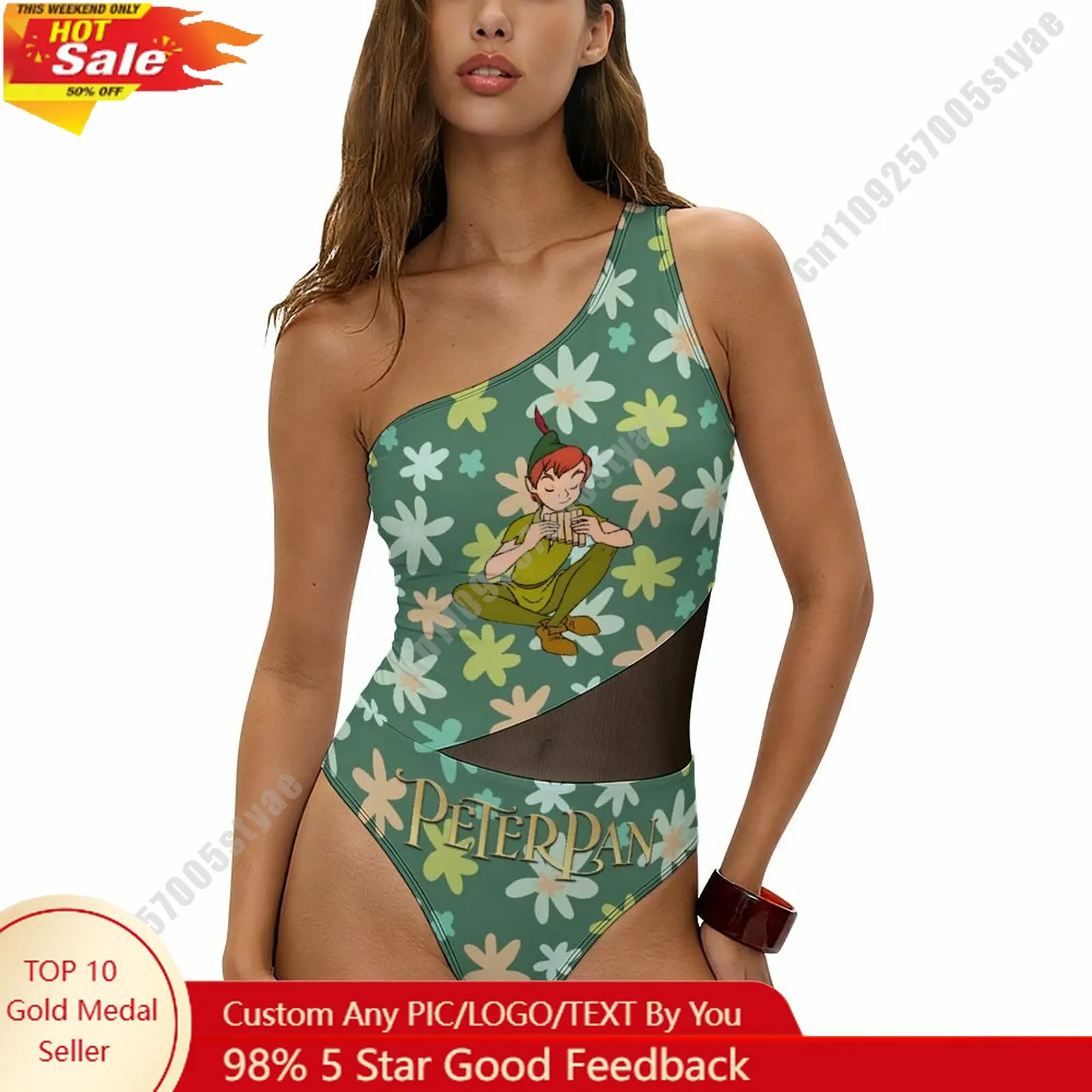 

Peter Pan Swimsuit Disney Personalized Custom Print One Piece Swimwear Sheer Mesh Cutout Bathing Suit Beachwear Holiday Gifts