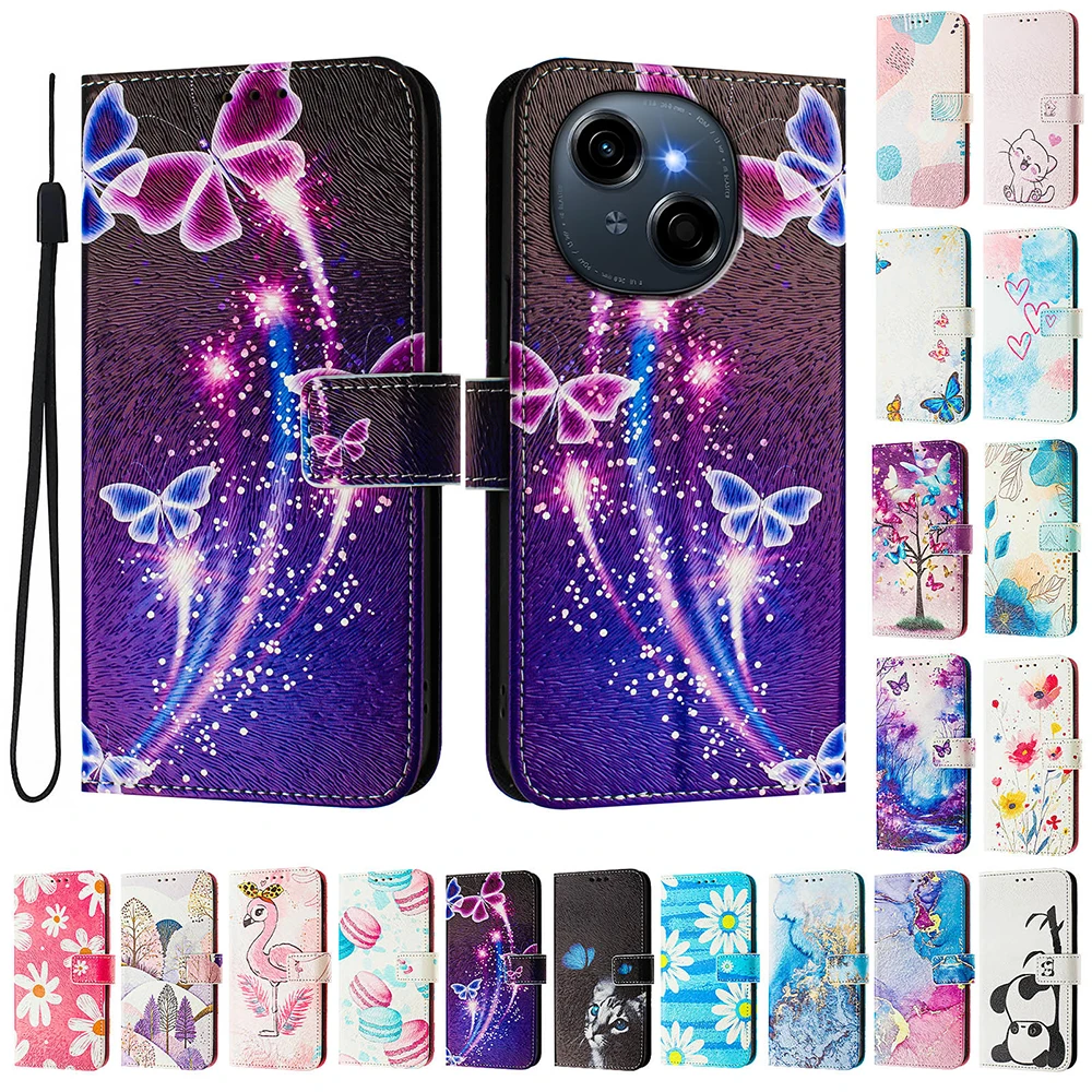 Coloured Drawing Wallet Case for Tecno Spark 10 10C 9 9T 8C Pova 5 4 Pro Neo 3 2 Shockproof Stand Card Holder Strap Phone Cover