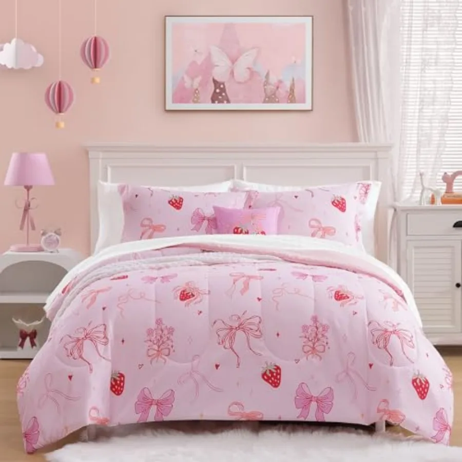 

Comforter Set for Girls-3 Pieces Pink Bow Bedding Sets for,1 Comforter, 1 Sham and 1 Decor Pillow