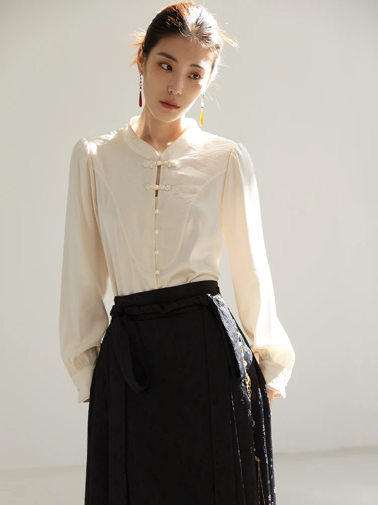 DUSHU New Chinese Style Stand Collar Beige Full Sleeve Blouses Pearl Packet Decoration Female Puff Sleeve Slight Strech Shirts