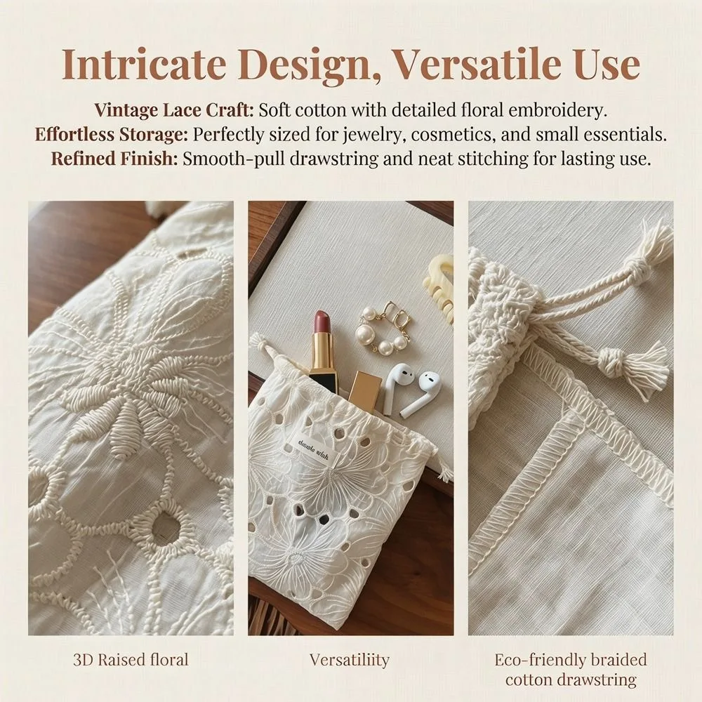 Portable Embroidery Flower Drawstring Pouch Retro Mesh Lace Drawstring Storage Bag Multicolor Organza Small Makeup Bag