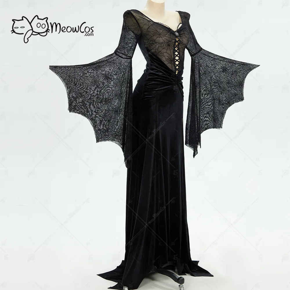 MEOWCOS Halloween Cosplay Costume Women's Gothic Style Black Long Dress Spiderweb Style Long Slit Bodycon Dress