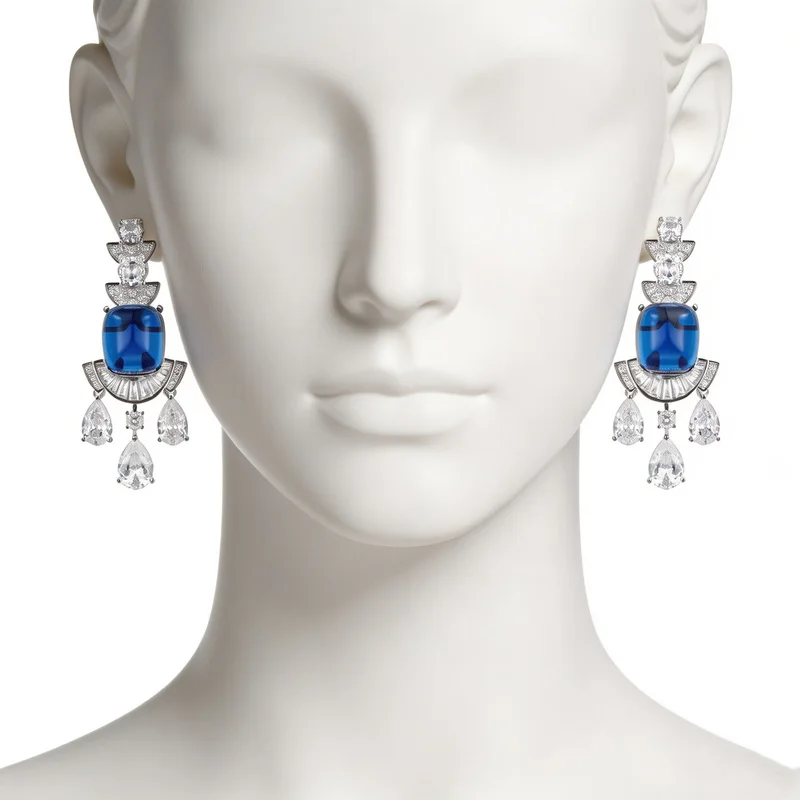 Vintage Fashion Style Stud Earrings Women Lady Inlay Cubic Zircon Synthetic Sapphire Tassels Eardrop Fine Jewelry