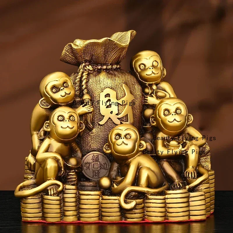 

Brass Feng Shui Mascot Zodiac Monkey Ornament Home Office Desktop Five Monkeys Craft Gift