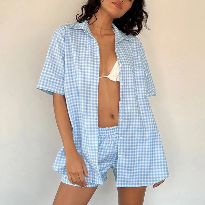 2 Piece Pajama Set Women Summer Loose Matching Suit Y2K Plaid Lounge Outfits Lapel Neck Short Sleeve Blouse Tops Shirt + Shorts