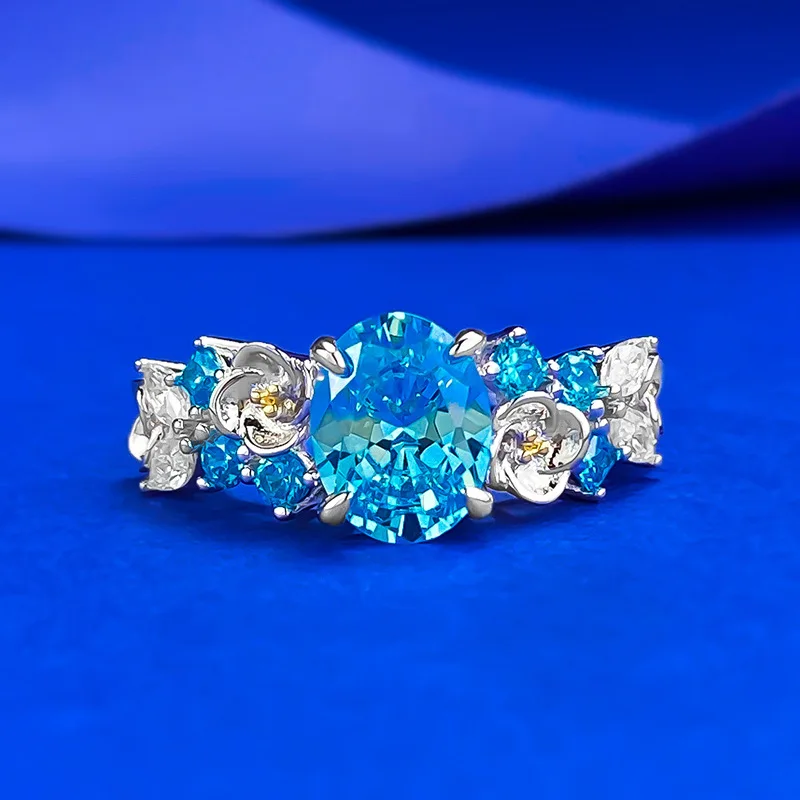 

New S925 Silver European and American New 2-carat Sea Blue Zirconia Hydrangea Fairy Ring Ring Luxury Wedding Jewelry