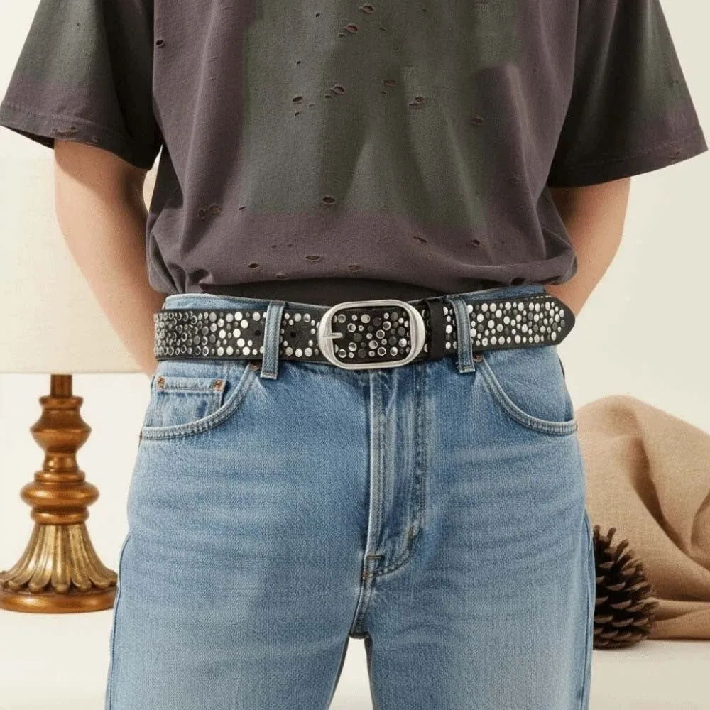Randomly Placed Gothic Waiststrap Aged Bronze Multi-Toned Rivet Leather Belt Scratch Resistant Matt Finish