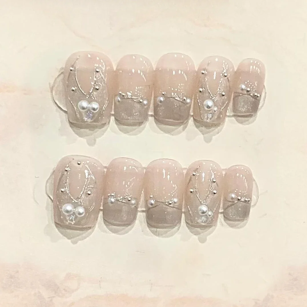 10Pcs Coffin Handmade Press On Nails Full Cover Mermaid Design Pearl Aurora Summer False Nails Wearable Manicure Nail Tips Art