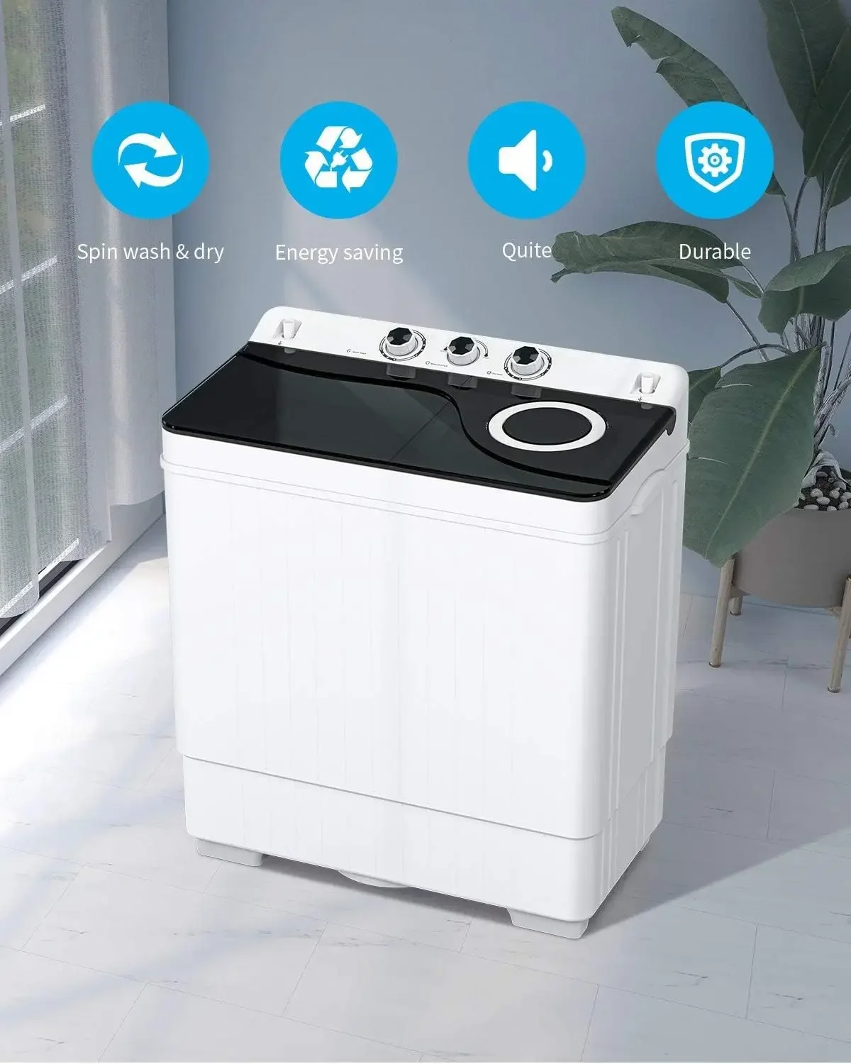 26lbs Compact Twin Tub Portable Washing Machine, Mini Washer(18lbs) & Spiner(8lbs) / Built-in Drain Pump/Semi-Automatic for Camp