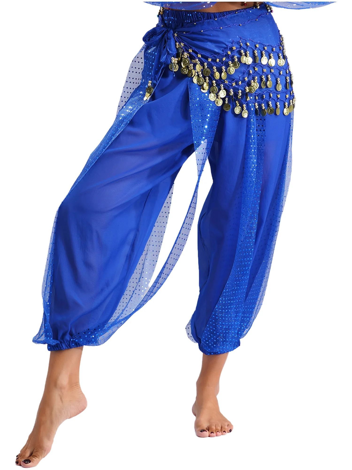 

Womens Belly Dance Costume Sleeveless Shiny Tassel Crop Top And Bloomers Long Pants with Hip Scarf Lyrical Modern Dancewear