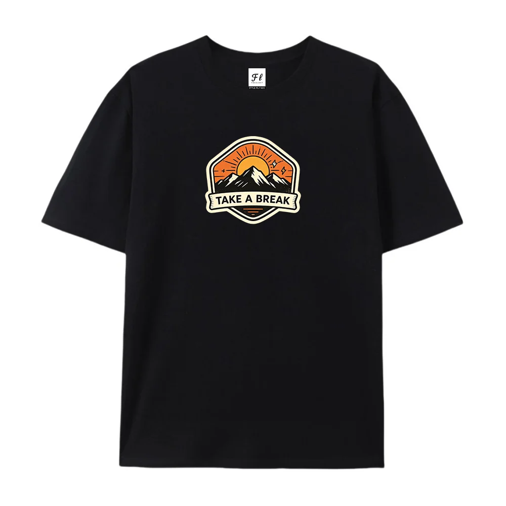 Take A Break Badge Graphic T‑Shirt Retro Outdoor Hiking Print Crew Neck Cotton Fashion Trendy Casual Short‑Sleeve Nature Lover