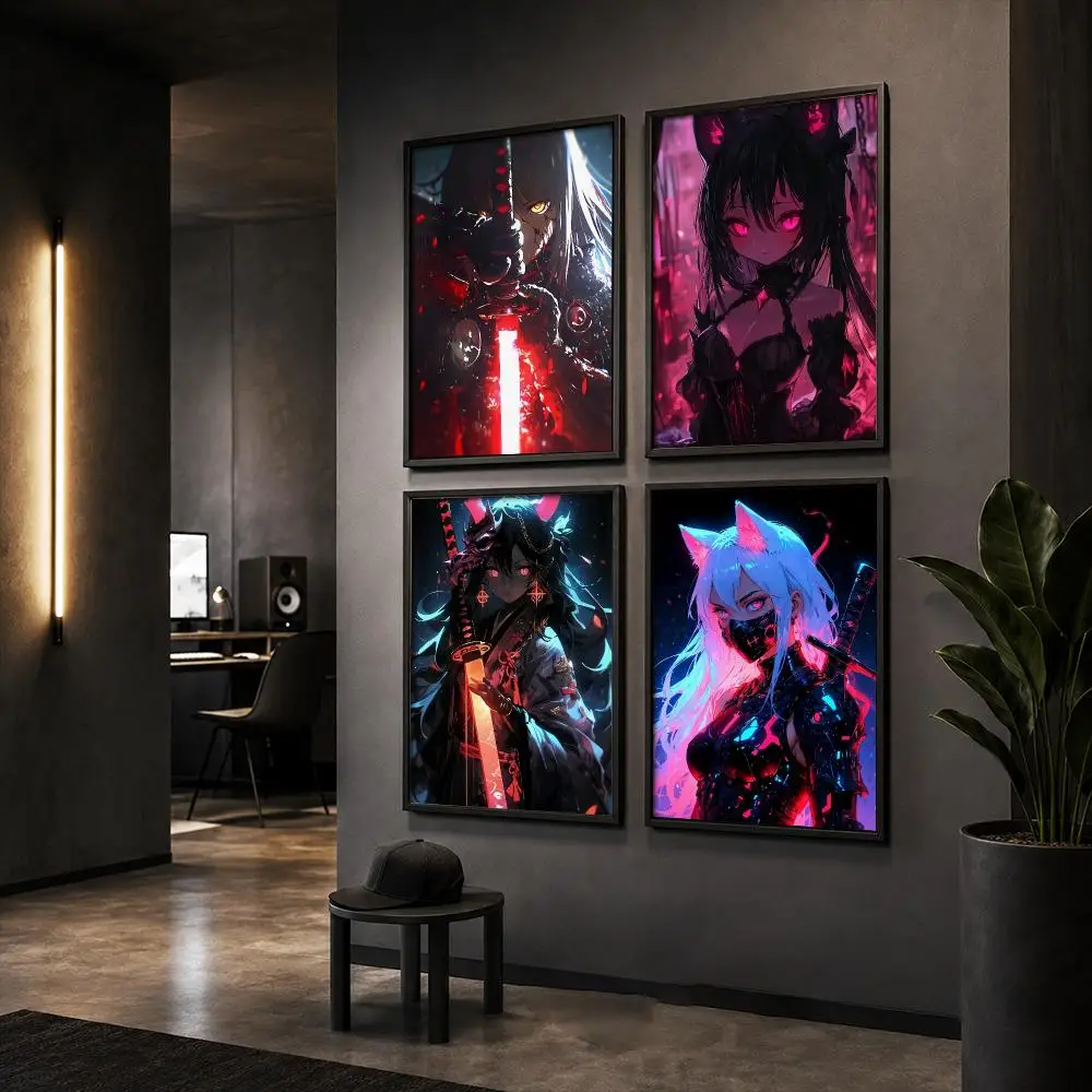 Cool Anime Girl with Katana Poster Wall Art Print Sticker for Bedroom Living Room Dorm Office Modern Home Decor