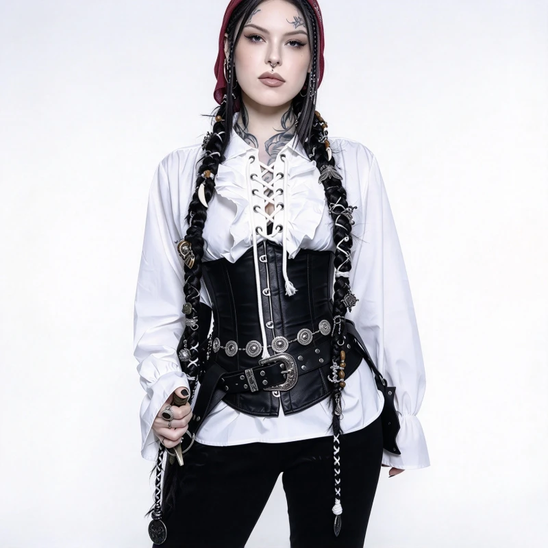 Medieval Viking Autumn Casual Shirts Steampunk Bandage Long Sleeve Ruffled Shirt Gothic Blouse Tops