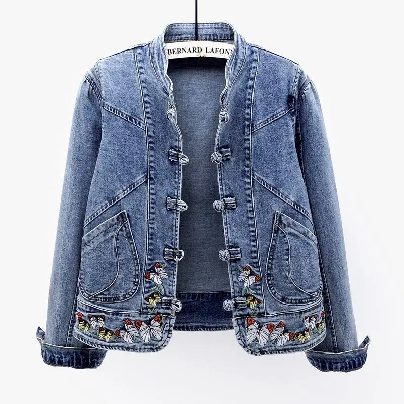 

Women Retro Denim Jacket Elegant Chinese Style Denim Coat with Embroidery for Women Slim Fit Long Sleeve Jacket with Turn-down