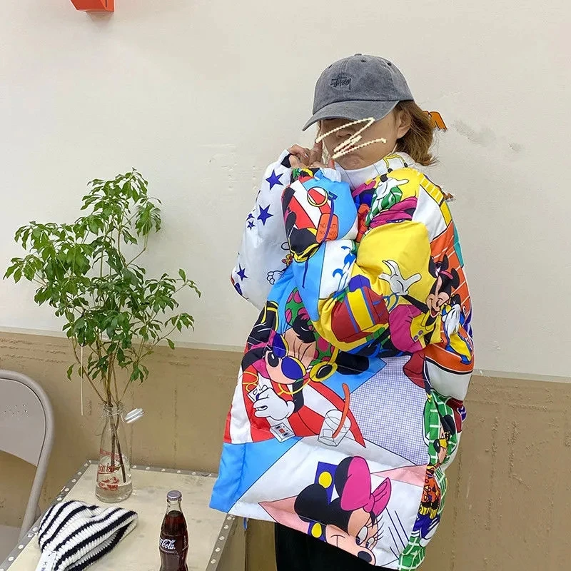 Cotton Padded Women Trendy ins Winter 2024 New Korean Version loose Student Cartoon Printed Cotton Coat Thick Coat Cotton Jacket