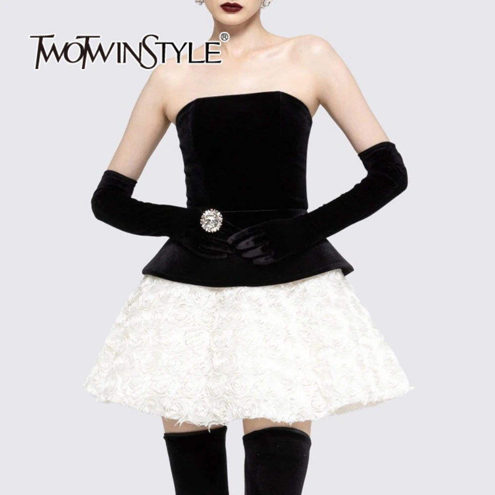 

TWOTWINSTYLE Slimming Three Piece Sets for Women Strapless Sleeveless Vest High Waist Spliced Discoid Flower Skirts Set Female