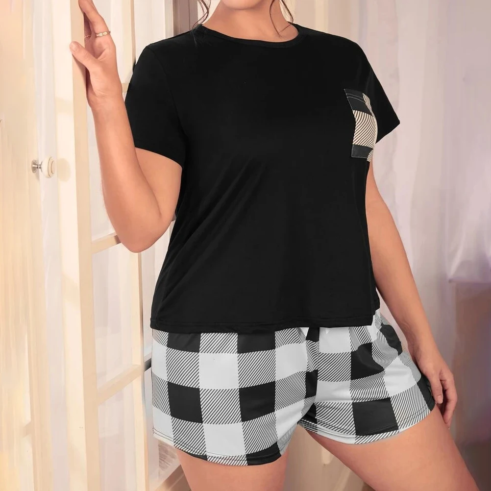 Plus Size XL-5XL Oversized Sleepwear Women\'s Pajamas Set Short Sleeve T-shirt with Plaid Print Shorts Set Outwear Loungwear Pjs