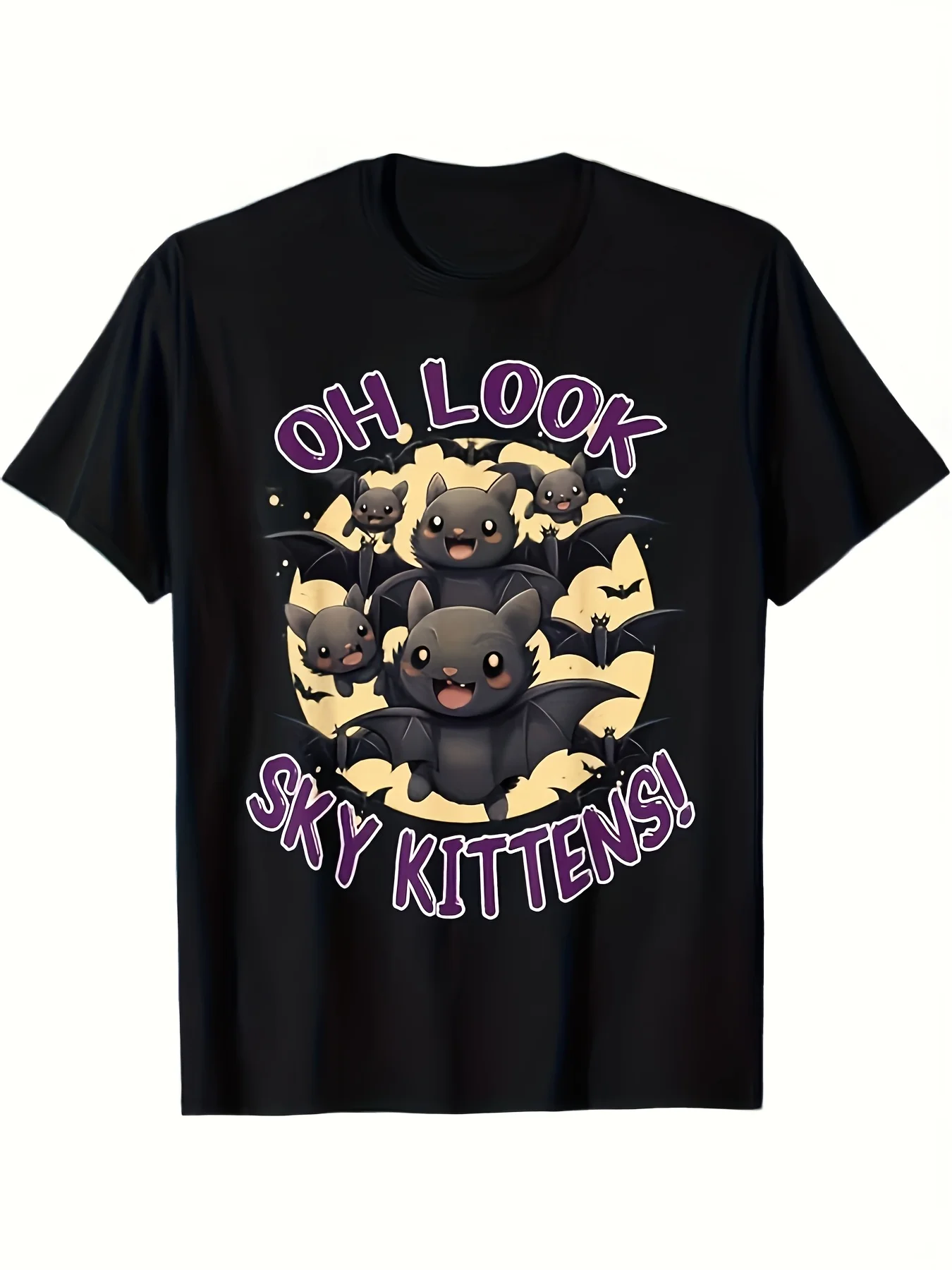 Funny Bat Sky Kitten Print T Shirt Regular Fit Short Sleeve Tee with Oh Look Sky Kittens Graphic Unisex Casual Shirt for Men Women Comfortable Stretch Fabric All Season WearBreathable Sweat-wicking and Soft Suitable for Daily Commutes Lounging