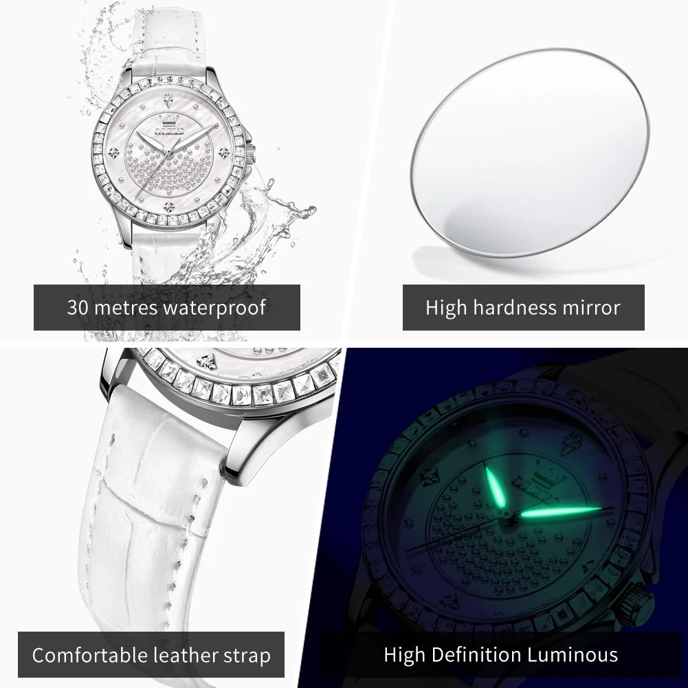 OLEVS 3715 Quartz Watch for Woman Fashion Leather Strap Waterproof Elegant Full Diamond Luxury Original Ladies Dress Wristwatch
