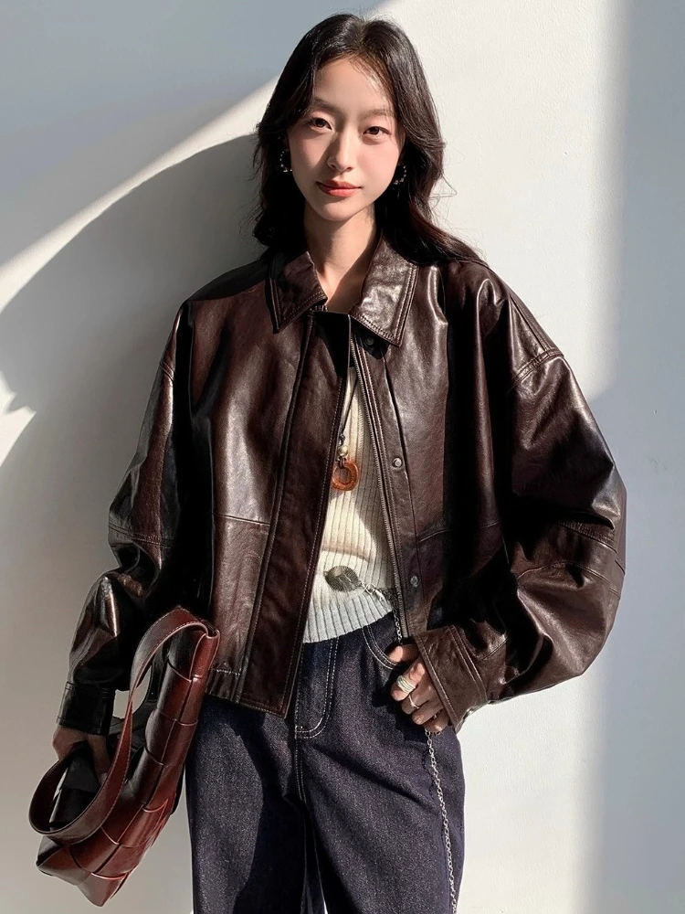 カジュアルショート本革ジャケット レディース 春秋 2025 新作 高級 シンプル 無地 ソフトオイルワックス 本革シープスキンコート