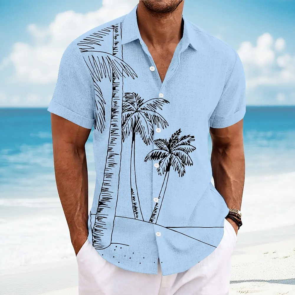 Men's plant-print casual shirt, Hawaiian short-sleeved resort style shirt, summer and spring collarless shirt, 3D printed lightw