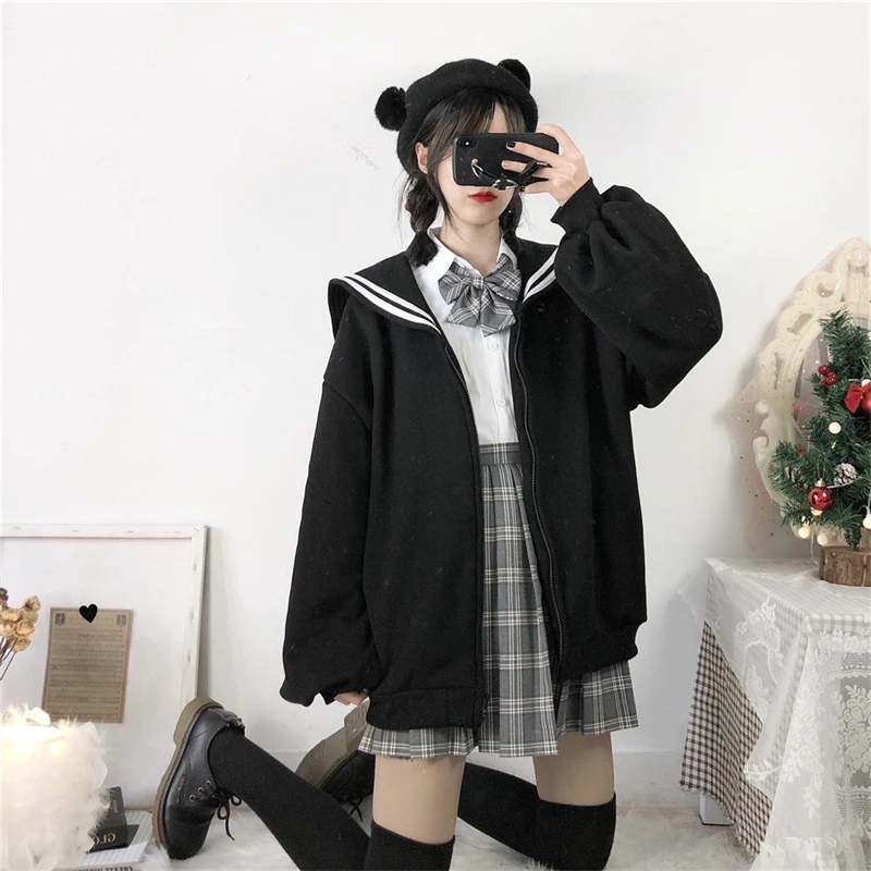 2023 New Navy Collar Sweater Female Student Japanese Sailor JK Uniform Cute Bubble Sleeve Zipper Black Coat Top Academy Style