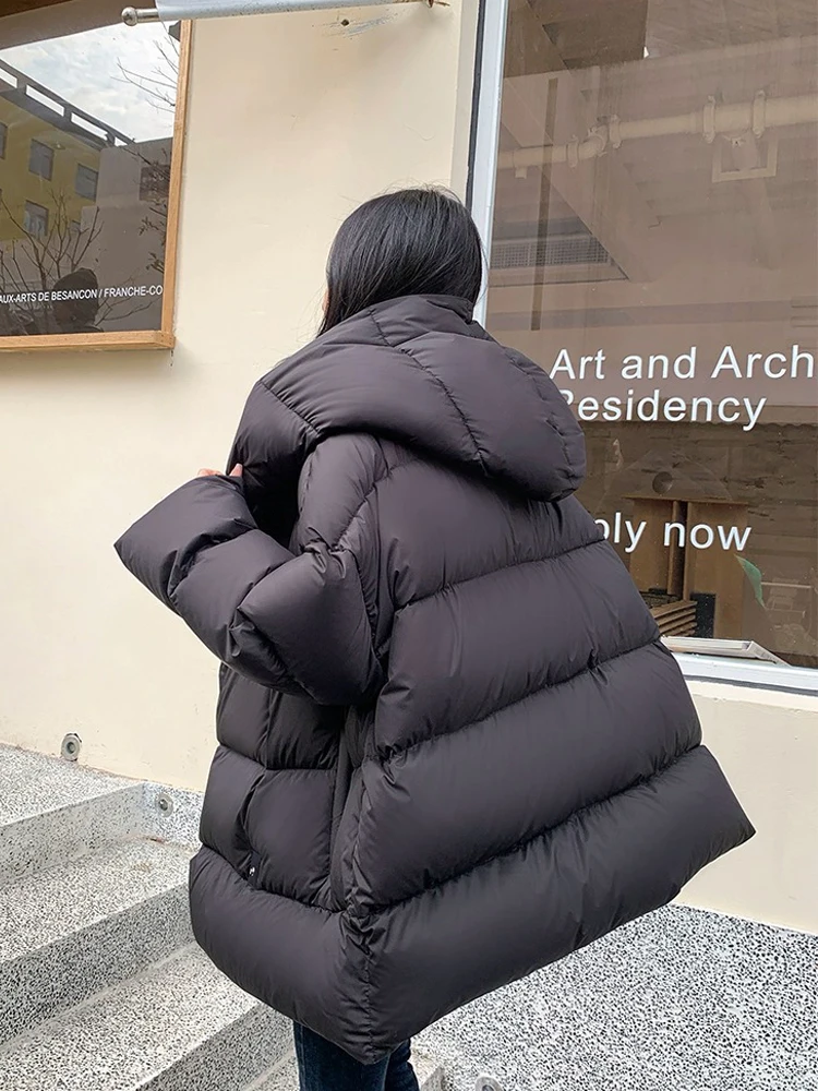 Luxury Women\'s Fluffy hooded down jacket oversized Winter Warm Solid Long sleeve puffer coat High quality Korea INKEO 3O280