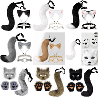 Fox Cat Ears Mask+Tail +Gloves，Fluffy Animal Headwear Ears Hairpin+Tail +Bell，Hair Hoop Set for Halloween Cosplay Accessories