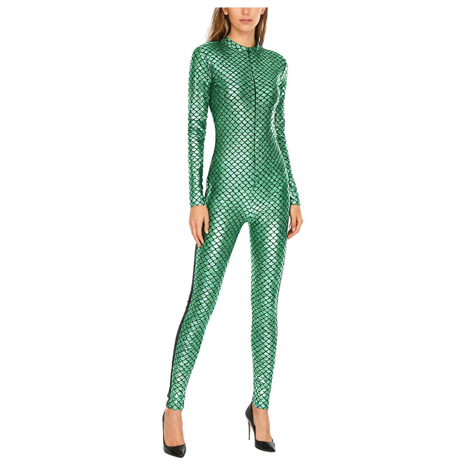 

Women Mermaid Fish-scale Print Metallic Shiny Cosplay Jumpsuit Side Sheer Mesh Long Sleeve Full-body Bodysuit for Beachwear