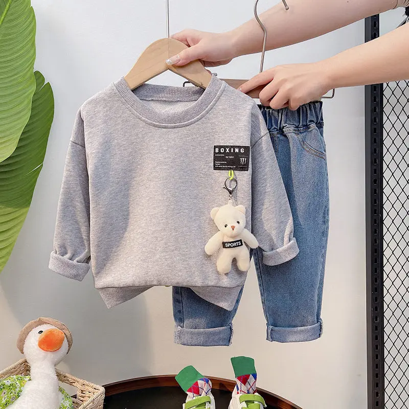 Spring Kids Boys Children Clothing Toddler Tracksuits Clothes Long Sleeve Cartoon T-shirt Jeans Set Cotton Suits 0-5 Years