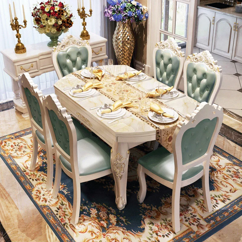 European dining table and chair combination Marble solid wood retractable square and round dining table and chairs 4 chairs 6 ch