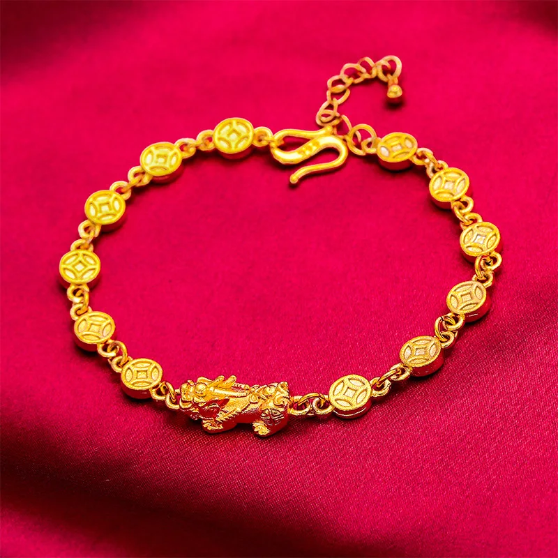 

Pixiu Bracelet for Women, 24K Gold, AU999 | Matte gold pixiu with garnet beads, rugged vintage style for casual luck.